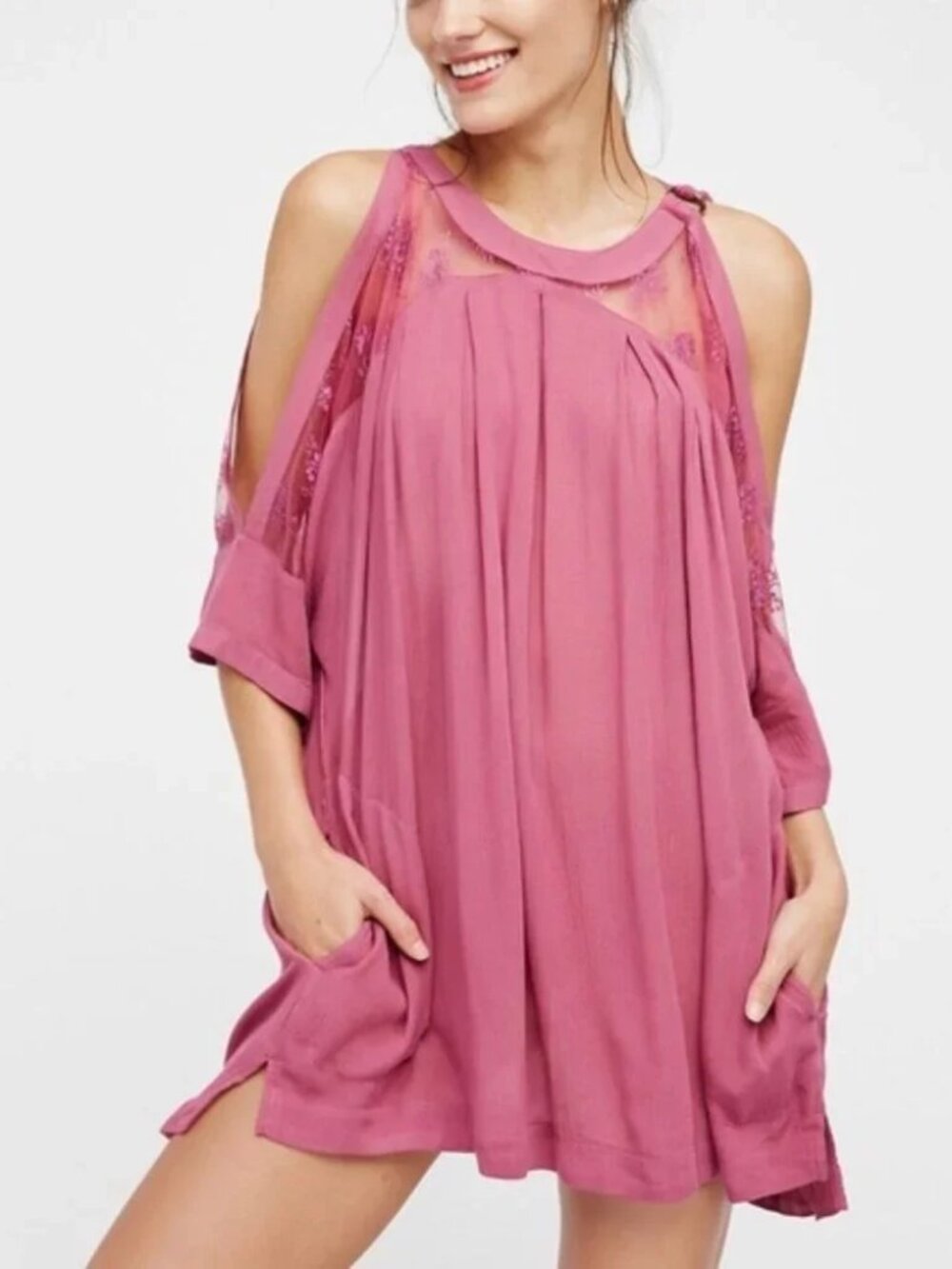 Free People beachy & peachy magenta cold shoulder lace crepe tunic top